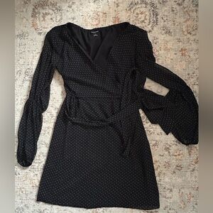 Club Monaco Black Polka Dot Long-Sleeve Wrap Dress
